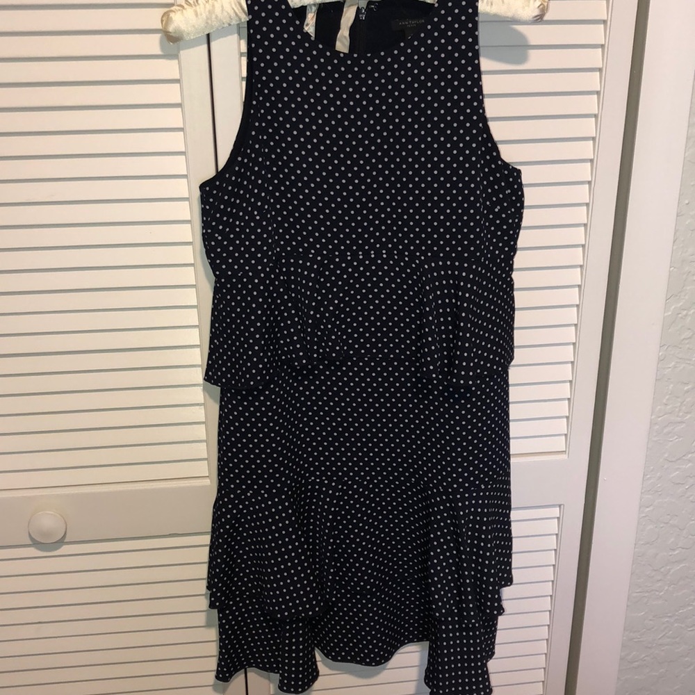 Ann Taylor navy polka dot scallop dress